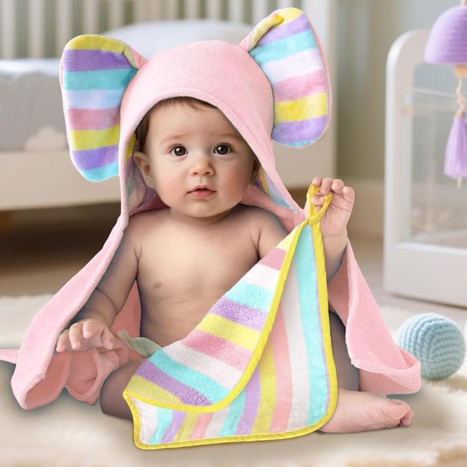 VOOVA & MOVAS Premium Pink Baby Hooded Bath Towel-100% Cotton,500GSM,33x31.5 Inches,0-2Years,Super Absorbent Large Towel with Cute Elephant Ears Hood for Newborn,Baby,Infant, Baby Essentials,Pink