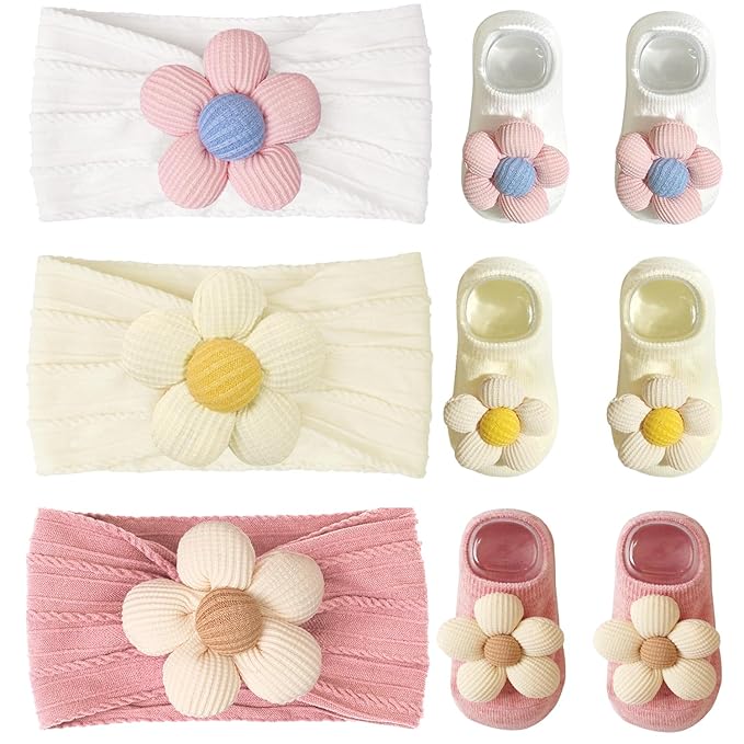 CÉLLOT Baby Girl Headband and Socks, Non-Slip Floral Socks and Soft Floral Nylon Hairbands for Babies Infants and Toddlers