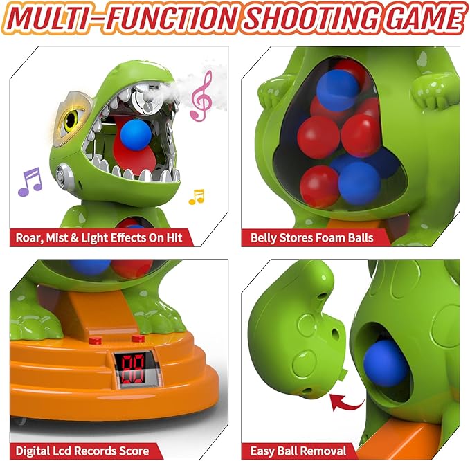 BAODLON Dinosaur Shooting Toys for Boys 4 5 6 7 8 Years Old, Movable Electronic Scoring Target Game with 2 Toy Gun, Spray & Light & Sound, 24 Foam Balls, Christmas Birthday Gift for Kids 3-5, 5-7