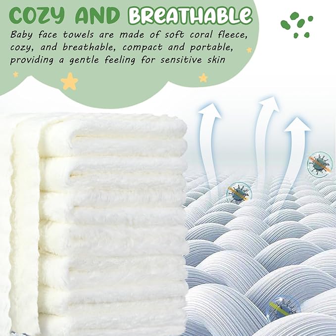 Handepo 100 Pack Baby Washcloths Bulk 10 x 10 Inch Microfiber Coral Fleece Baby Face Towels Absorbent and Soft Wash Cloths for Newborns Infants and Toddlers(White)