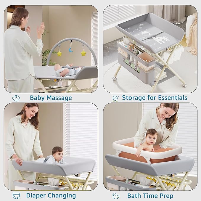 Changing Table, Portable Baby Changing Table with Wheels, Upgraded Foldable Diaper Changing Station with 5-Level Adjustable Height & Large Nursery Organizer Storage for Newborn Infant