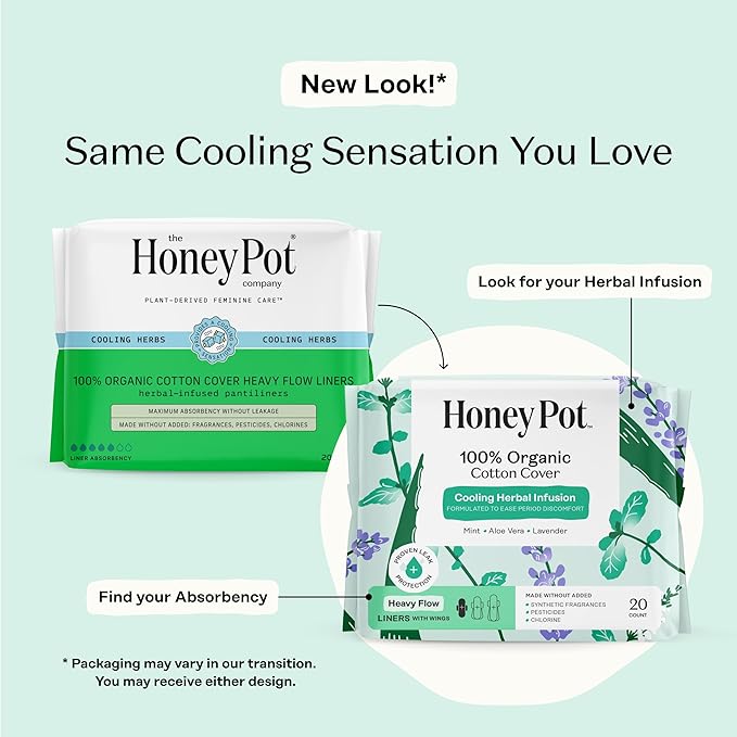 The Honey Pot Company - 80ct - Herbal Panty Liners for Women - Heavy Flow w/Wings - Infused w/Essential Oils for Cooling Effect & Organic Cotton Cover - Feminine Care