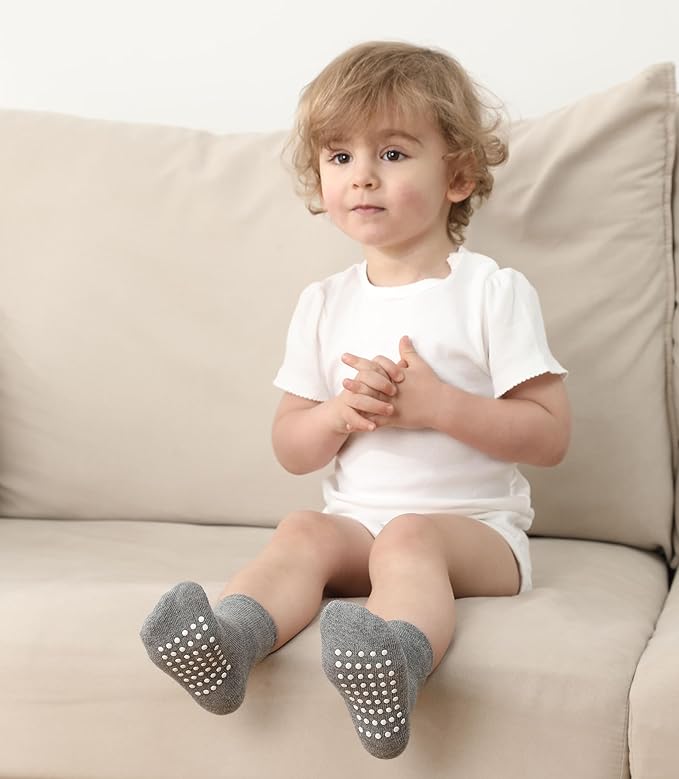 JAKIDAR 12 Pack Baby Toddler Socks Non Slip Grip Cotton Crew Socks for Boys Girls Infants Kids