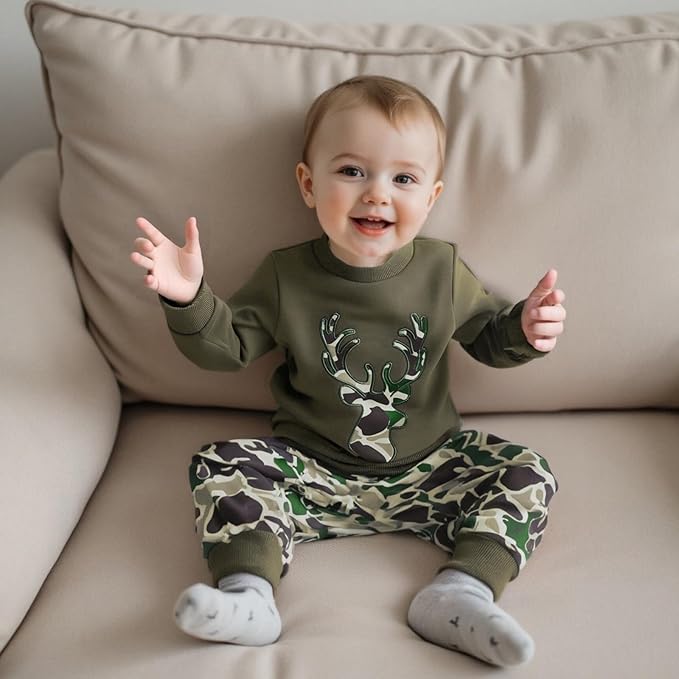 Muineobuka Toddler Baby Boy Hunting Clothes Reindeer Embroidery Sweatshirt and Camouflage Pants Outfits Baby Camo Clothing