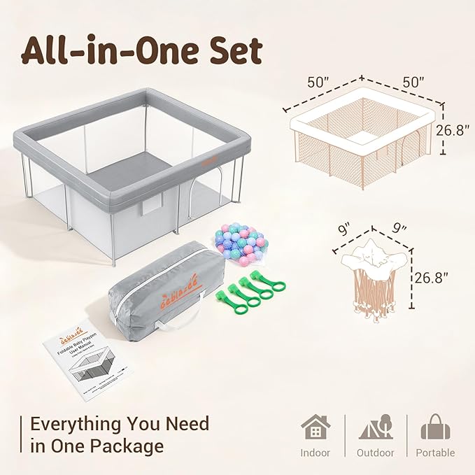 Foldable 50x50 Playpen, Portable Baby Playpen for Babies & Toddlers, Quick Fold Safety Play Yard with Balls, Pull Rings & Carry Bag, Indoor & Outdoor, Grey