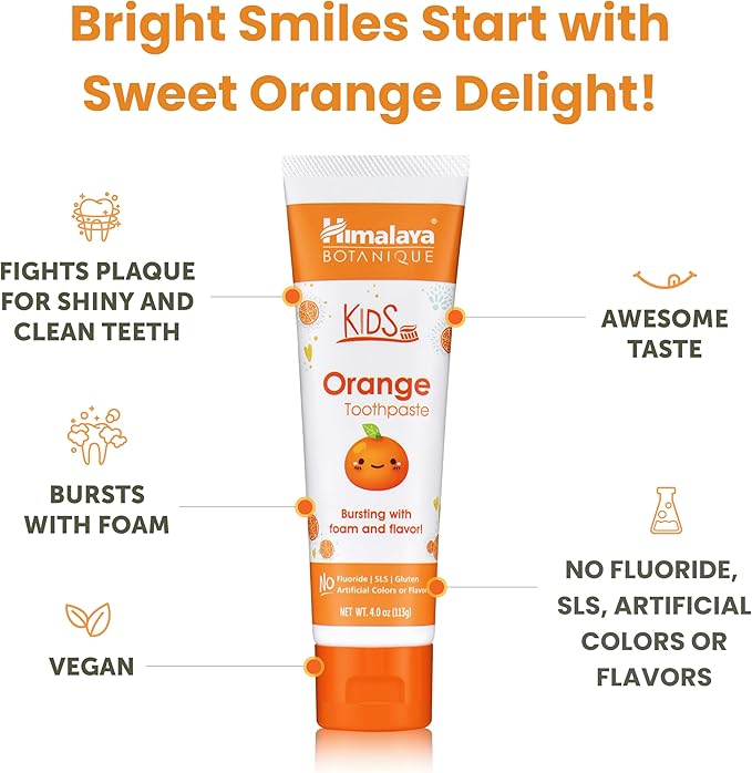 Himalaya Botanique Kids Toothpaste, Herbal, Orange Flavor, Fights Plaque, Fluoride Free, Gentle, No Artificial Flavors or Colors, SLS Free, Gluten Free, Cruelty Free, Vegan, Foaming, 4 Oz, 4 Pack…