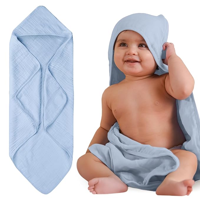 NINTARABABY Hands-Free Hooded Towel - 100% Organic Premium Muslin Cotton, 30" x 30", Ultra-Absorbent, Soft, Breathable, Hypoallergenic, Multipurpose, Gifts for Babies & Infants