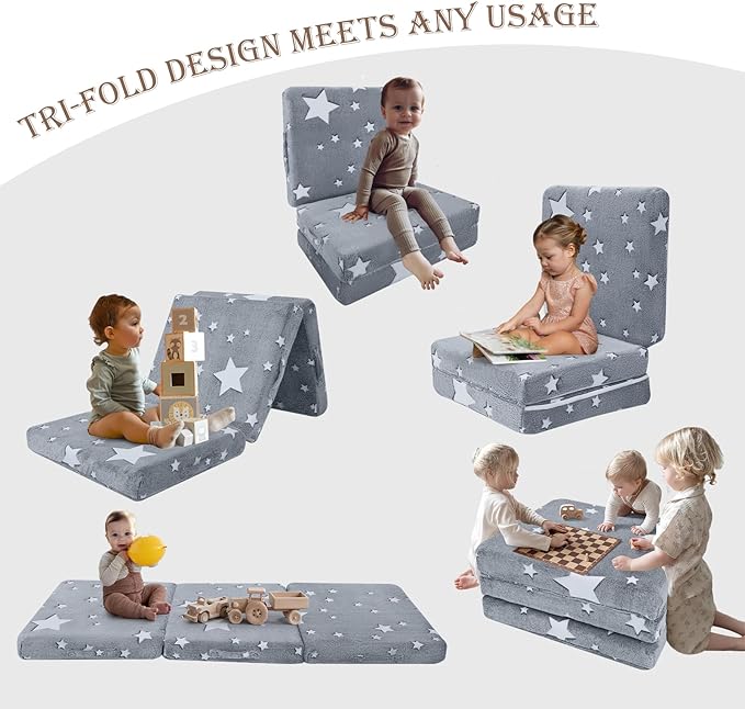 MeMoreCool Glow Star Kids Foldable Floor Mattress Mat with Carry Bag, 3-in-1 Tri-Fold Futon, Soft Plush Glow Cover, Portable for Travel, Grey 63x26 Inch