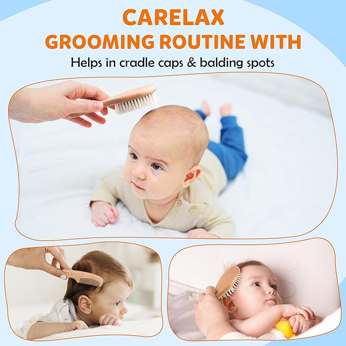 Baby Hair Brush & Comb Set, Organic Wooden Hairbrush Natural Goat Bristles 3-Piece for Newborns & Toddlers, Ideal for Cradle Cap & Itching, Perfect Shower and Registry Gift for Infant, Toddler, Kids