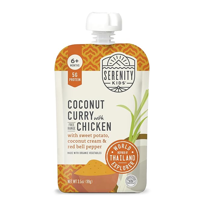 Serenity Kids 6+ Months Coconut Curry Chicken Baby Food Pouch - 3.5 Oz, Pack of 12 - Nutrient-Packed Pureed Baby Food - GMO Free Portable Pouch for On-the-Go Toddler Snacks