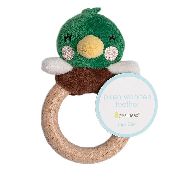Pearhead Mallard Duck Wooden Teething Ring, Soft Plush Lovey Baby Teether, Natural Wood Infant Rattle Toy for Teething Relief, BPA-Free Newborn Teether Ages 0m+