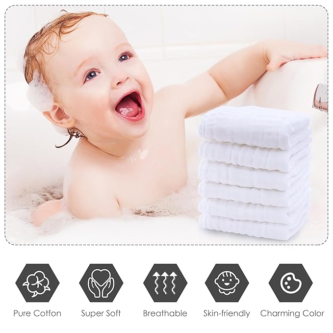 Cute Castle 12 Pack Muslin Baby Washcloths - Large 12'' by 12'' - Ultra Soft 100% Cotton - Super Absorbent Burp Cloths for Unisex, Boy, Girl -White