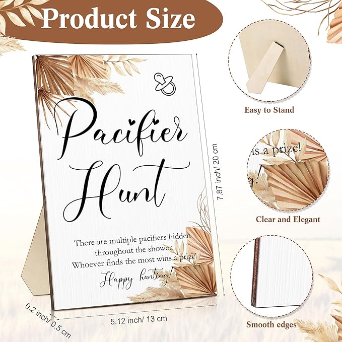 Roowest 51 Pcs Pacifier Hunt Baby Shower Games Include Wooden Hunt Sign and 50 Acrylic Mini Plastic Pacifiers for Baby Shower Game Decoration Gift Sets Gender Reveal Party Supplies