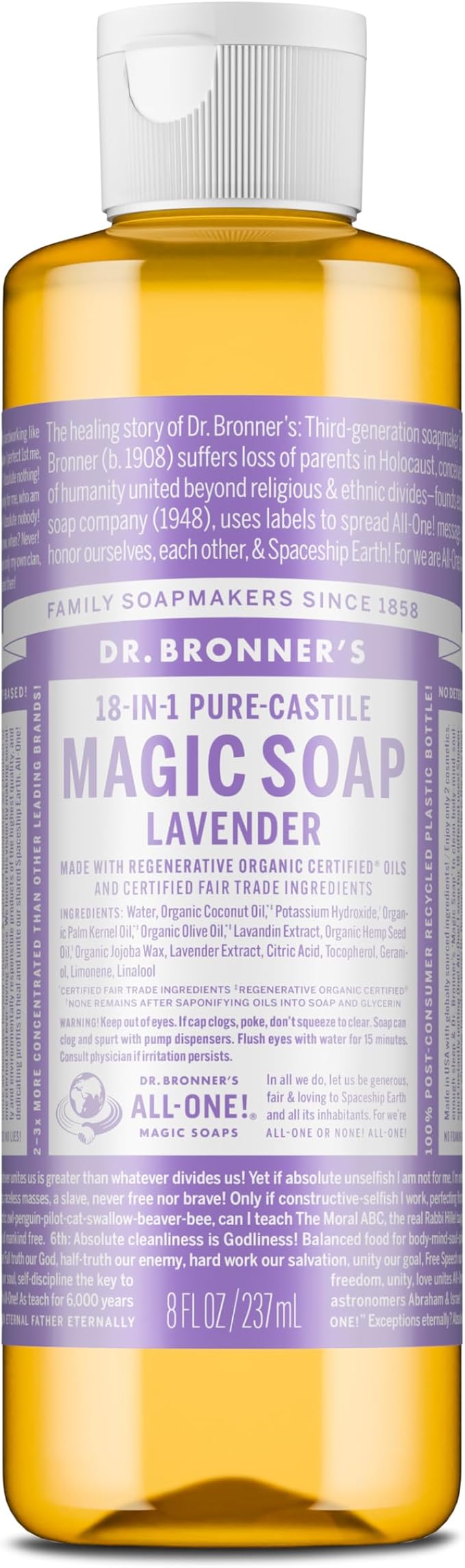 Dr. Bronner's Magic Soap-Pure-Castile Liquid Soap (Lavender, 8 ounce)-Regenerative Organic Certified Oils, 18-in-1 Uses: Body, Hair, Laundry, Pets & Dishes, Concentrated, Vegan, Non-GMO