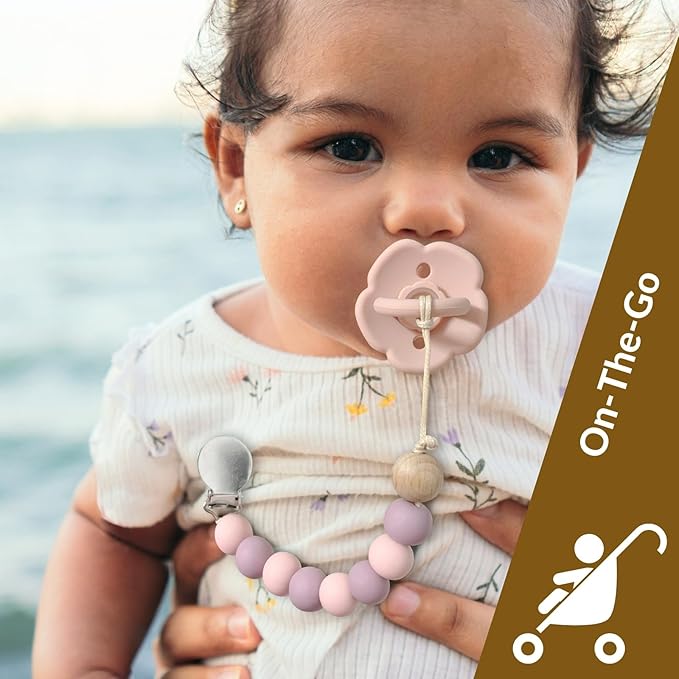 2 Pack Pacifier Clips, Silicone Pacifier Clip for Baby Boys and Girls, Baby Pacifier Strap with Silicone Beads, Soother Dummy Holder, Pacifier Holder, Keeps Pacifier Clean (Olive/Cream)