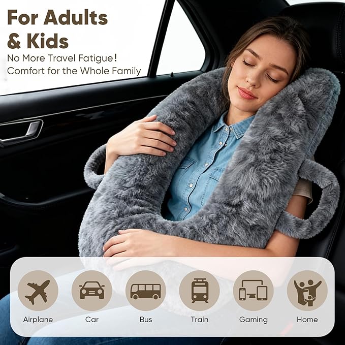 Car Pillow for Kids, Travel Pillow for Car Sleeping, Head and Neck Support Cushion with Removable Inner Insert, Washable Cover (Darkgray)