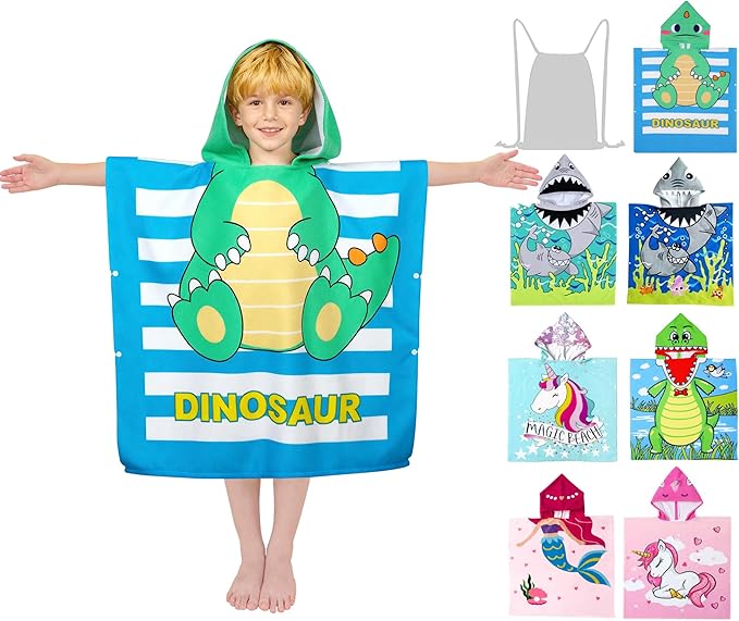 Hooded Kids Beach Towels - Toddler Bath Towel Girls Boys Swim Cover-ups for Ages 4 to 10 Kids Pool Towels Quick Dry Lightweight Soft Microfiber Poncho 30x30 with Bag (Dinosaur Green)