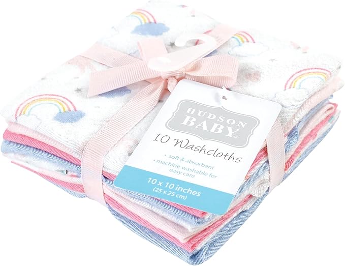 Hudson Baby Unisex Baby Flannel Cotton Washcloths, Unicorns Rainbows 10 Pack, One Size