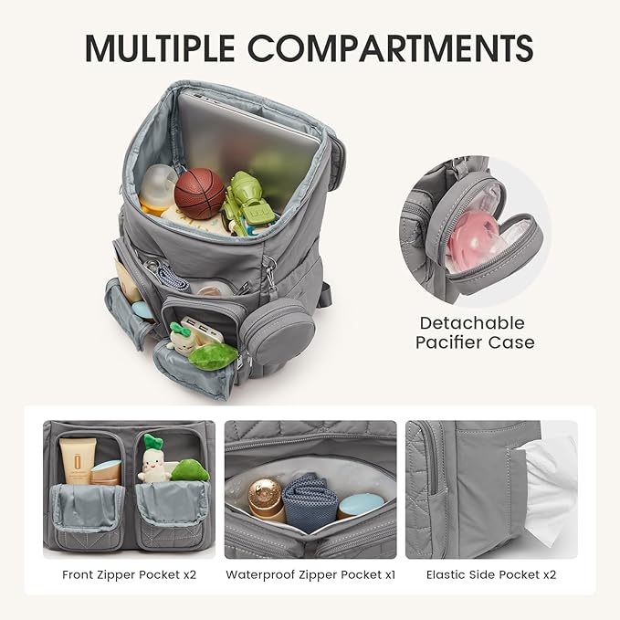 G4Free Diaper Bag Backpack for Moms Dads Travel Baby Bag with Pacifier Case & Insulated Pockets,Grey