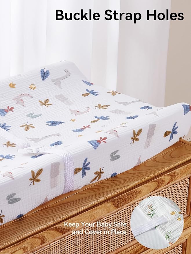 TILLYOU Muslin Changing Pad Cover for Baby Girls Boys, Soft and Breathable Cotton Diaper Changing Table Cover, 2 Pack(Dinosaur)