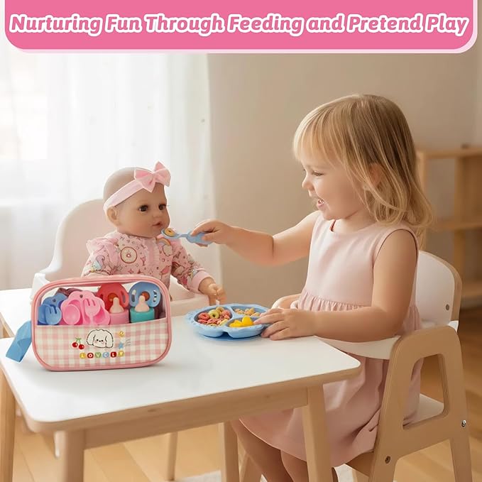 Baby Doll Accessories Set – 7 Pcs Feeding Bottle Toys, Magic Disappearing Milk & Juice, Pretend Play Set with Pacifiers, Reusable Bibs and Diapers, Kids Gift