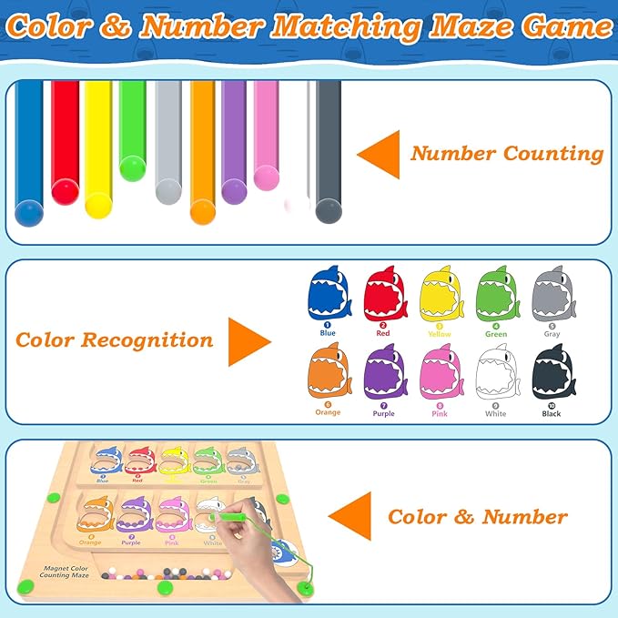 Magnetic Color & Number Maze, Montessori Counting Matching Toys, Wooden Magnet Maze Board Game Fine Motor Skills Toys for 3 4 5 Years Old Preschool Learning Activities