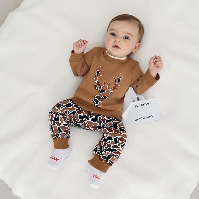 Muineobuka Toddler Baby Boy Hunting Clothes Reindeer Embroidery Sweatshirt and Camouflage Pants Outfits Baby Camo Clothing