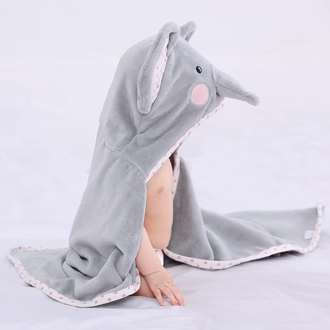Baby Hooded Towel with Unique Animal Design Ultra Soft Thick Cotton Bath Towel for Newborn (Elephant)