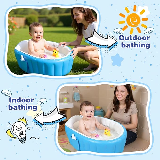 Inflatable Baby Bathtub, Collapsible Safe Baby Bath Tub, Portable Travel Shower Basin with Built-in Air Pump, Newborn to Toddler Bath Tub, Deflates and Folds Easily, Non-Slip (Blue)