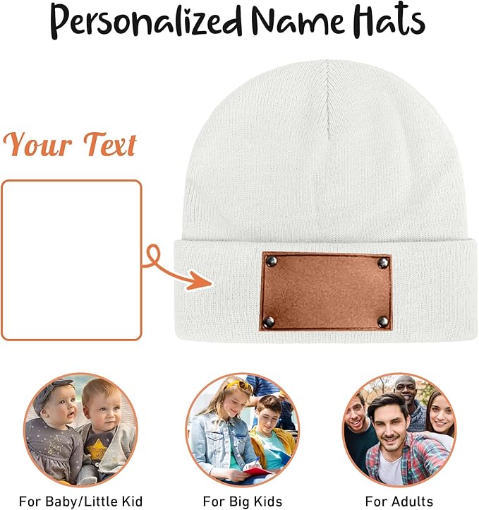 Personalized Name Baby Beanie Hat Leather Patch - Apricot Beanies Knit Hat Birthday Gifts for Kids Toddler to Adults