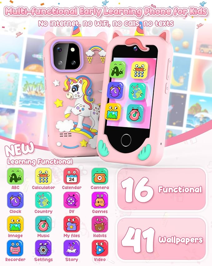 Kids' Phone Toy Imitate Smartphone Toy for 3-8 Year Old Girls & Boys - No Internet/Calls, HD Camera, MP3 Player, Learning Games | Christmas Birthday Gift for Toddlers (Pink)