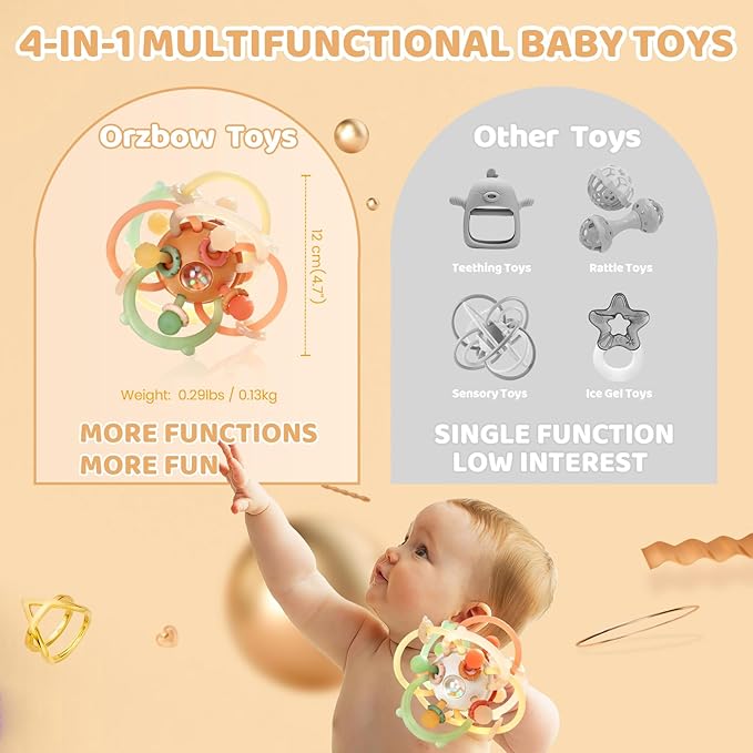 Baby Sensory Teething Toys, Baby Montessori Teether Toys for 0 3 6 9 12 18 Months, Silicone Tummy Time Toy with Rattle Ball for Newborn Infant, Learning Delopmental Gift for Boys Girls, Brown