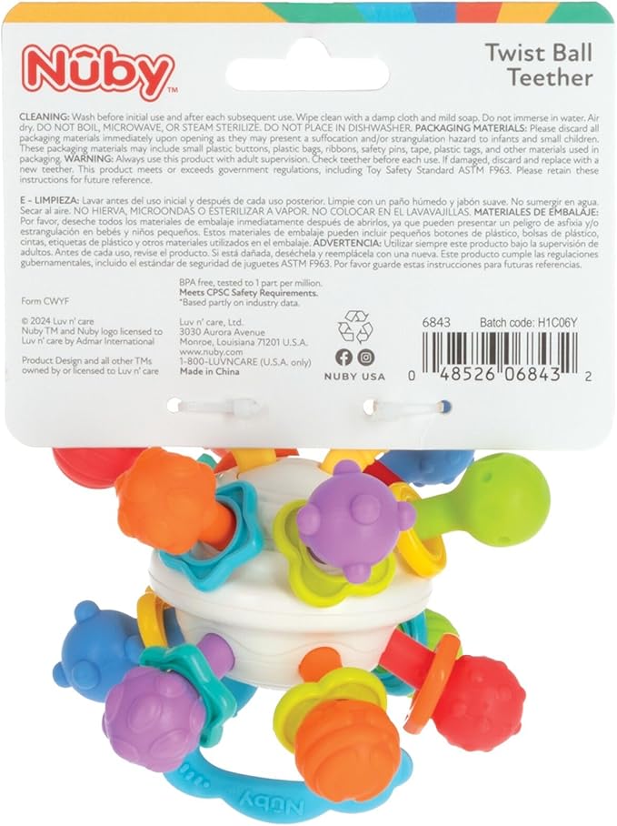Nuby Twist Ball Teether Activity Toy with Rattle and Fun Bright Colors - Montessori Sensory Toy Develops Fine Motor Skills - 3 + Months