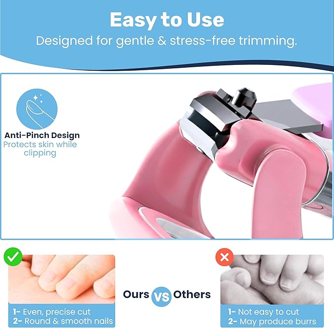 Baby Nail Clipper & File with LED Light, Fingernail Cutter with Catcher for Newborn, Infants & Toddlers- Magnifier for Ultra Visibility, Baby Essentials Nail Trimmer (Pink)