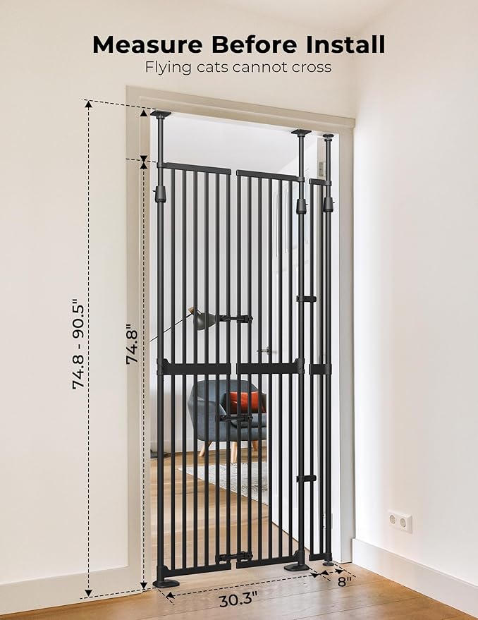 Extra Tall Cat Gate for Doorway: Sprouterie 74.8"-90.5" Pressure Mount Tall Cat Gates for Pet 30.3"-38.2" Wide Black Wall Drilling for Indoor Stairs Doorway Room Door Safety No Barrier