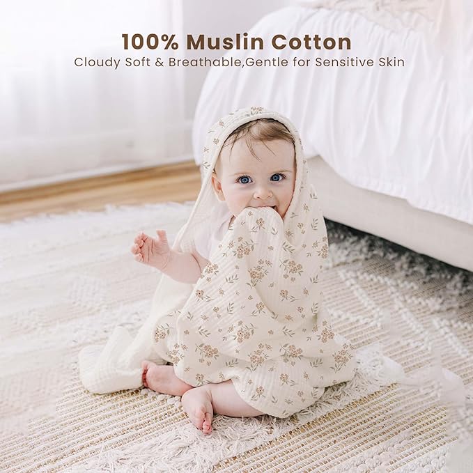 Konssy 2-Pack Muslin Hooded Baby Towels, 100% Cotton, Ultra-Soft & Absorbent Baby Bath Towels with Hood for Newborn & Infant (Cream, Blossom,32" x 32")