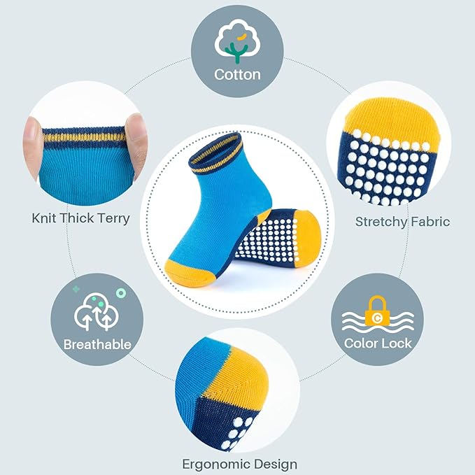 JAKIDAR 12 Pack Baby Toddler Socks Non Slip Grip Cotton Crew Socks for Boys Girls Infants Kids