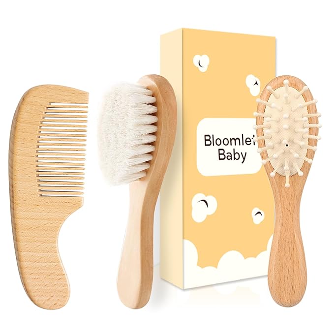 Wooden Baby Brush and Comb Set 3-Piece Beech Wood Flat Comb, Basswood Brushes with Soft Wool Bristles & Bamboo-Air Cushion Comb - Gentle Ideal Baby Gift