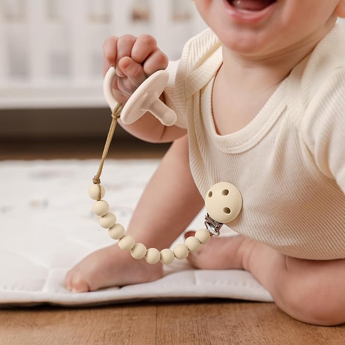 Comfy Cubs Pacifier Clips 2 Pack - 100% Food Grade Silicone Baby Pacifier Clips, BPA & PVC Free - CPSIA Certified, Lightweight and Flexible Baby Gifts - Beige & Light Beige