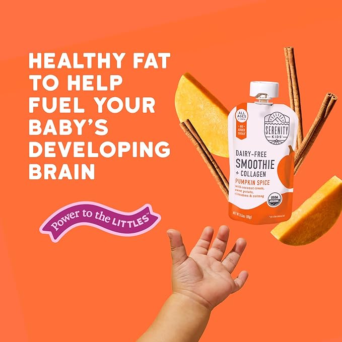 Serenity Kids 6+ Months Dairy-Free Smoothie Baby Food | USDA Organic | Grass Fed Collagen Protein | 3.5 Ounce BPA-Free Pouch | Pumpkin Spice | 1 Count