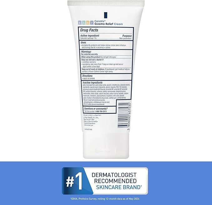 CeraVe Baby Eczema Relief Cream,1% Colloidal Oatmeal Cream with Vitamin E & Ceramides,Soothes & Calms Itchy Skin,Developed with Pediatric Dermatologist,Fragrance Free,5oz,(Pack of 2)