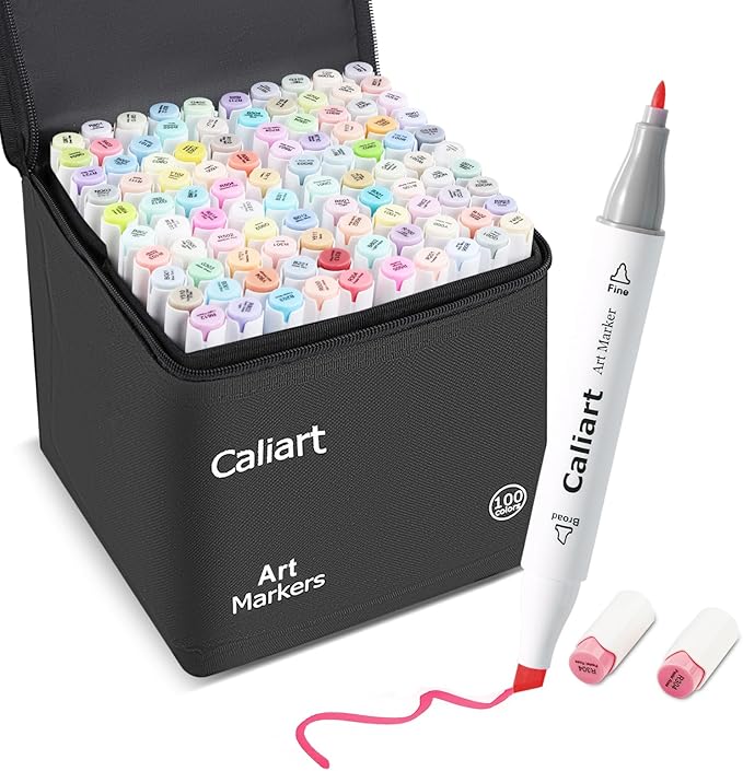 Caliart Pastel Markers, 100 Colors Dual Tip Art Markers Sketch Pens Permanent Alcohol Based, with Case for Adults Artists Drawing Illustration Sketching Coloring