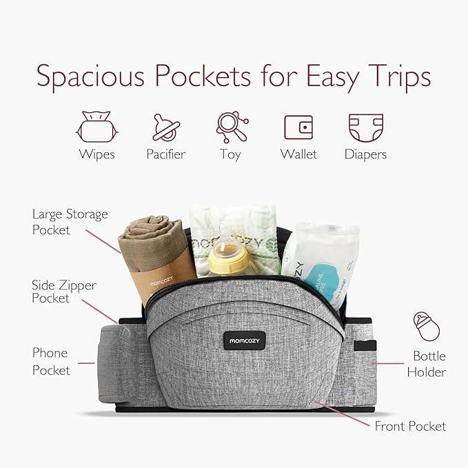 Momcozy Hip Seat Baby Carrier - Adjustable Waistband with Original 3D Belly Protector & EVA Massage Board, Ergonomic Carrier with Various Pockets for Newborns & Toddlers up to 45lbs (Grey, Large)