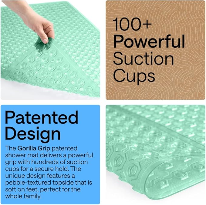 GORILLA GRIP Patented Square Shower Stall Mat, Small Bathtub Floor Mats for Stand Up Showers with Suction Cups and Drainage Holes, Machine Wash, Soft on Feet, Bathroom Accessories 21x21 Inch, Green