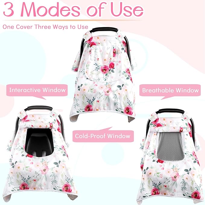 Car Seat Covers for Babies Girl, Winter Carseat Seat Cover for Newborns, Carseat Canopy Cozy & Warm Cover, Carrier Cover with Peep Windows, Pink Flower Rose