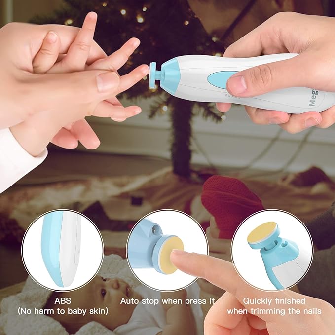 Baby Nail Clippers Electric Baby Nail Trimmer with LED Light Whisper Safe Nail File for Newborn Toddler Kids Toes Fingernails Care Kit with 10 Grinding Heads Battery Operated (Not Included) - Blue