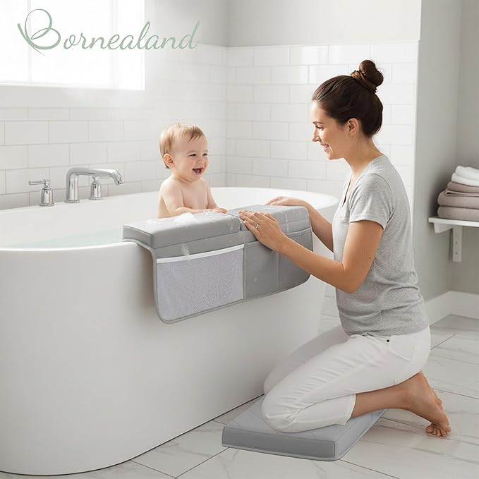 2inch XL Baby Bath Kneeler and Elbow Rest Pad Set + Hooded Towel - Embroidered Kneeling Pad for Bathing Baby - Dual-Layer Memory Foam Bathtub Kneeler and Elbow Rest Set