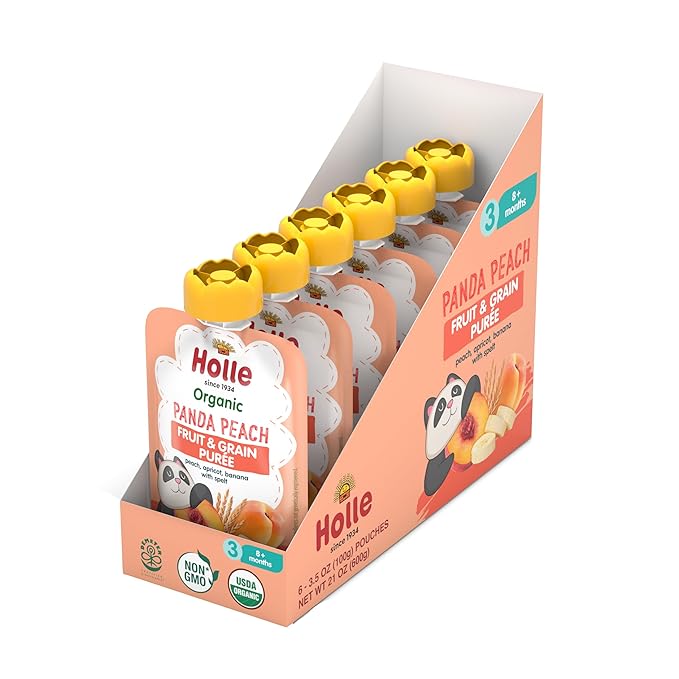 Holle Organic Baby Food Pouches - Panda Peach Baby Puree with Peach, Banana, Apricot & Spelt - (6 Pack) Organic Baby Snacks + Fruit and Veggie Pouches for Weaning Babies 6 Months and Older