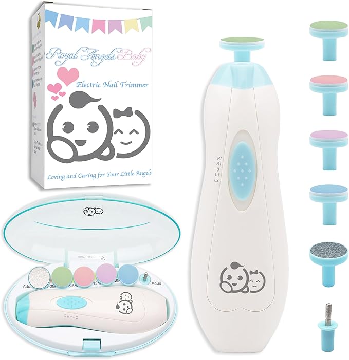 Royal Angels Upgraded 6 in 1 Baby Nail Trimmer with Labeled Case, 4 Colored Pads for Newborns to Toddlers, Whisper Quiet Electric Nail File with LED Light, Safe Manicure Set for Families (Babyblue)