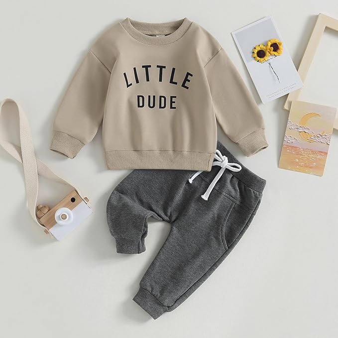 Toddler Baby Boy Clothes Solid Color Long Sleeve Crewneck Sweatshirt Top Casual Pants Set 2Pcs Fall Winter Outfits